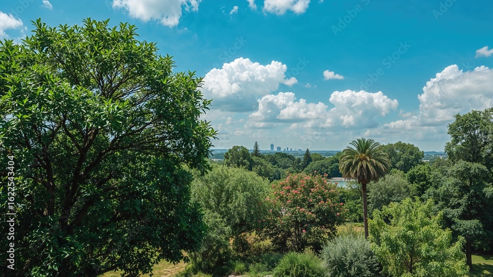 Fototapeta premium Sunny day with lush green garden scenery and blue sky
