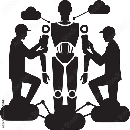 Silhouette of robot being assembled by engineers standing on clouds in black and white illustration