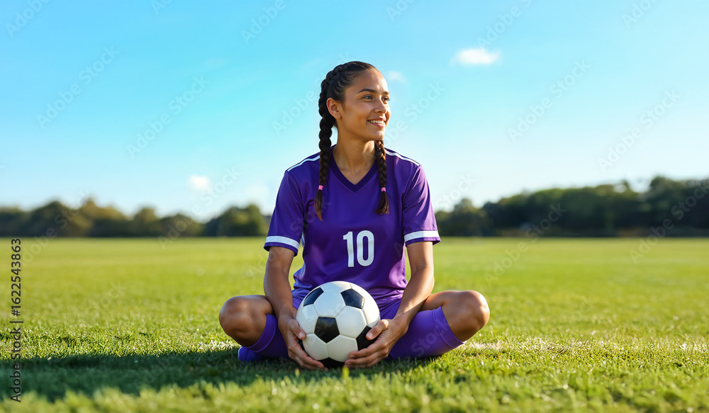 Young female soccer player sitting and relaxing on field with ball in hand Young female soccer player sitting and relaxing on field with ball in hand