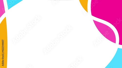 Abstract design with overlapping, vibrant, curved shapes in various hues of pink, orange, and turquoise on a white background