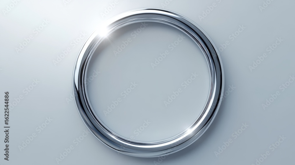 Obraz premium Elegant silver metallic ring frame with bright sparkle highlights, polished chrome finish, perfect circular shape, dual light flares at edges, ultra clean minimal design, premium jewelry photography