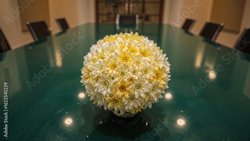 High-angle image of yellow and white chrysanthemum flowers gathered on a green table in a formal gathering room.
