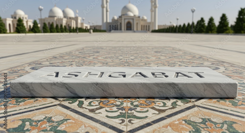 Obraz premium Ashgabat marble stone on ornate tile floor with white domes behind in daylight