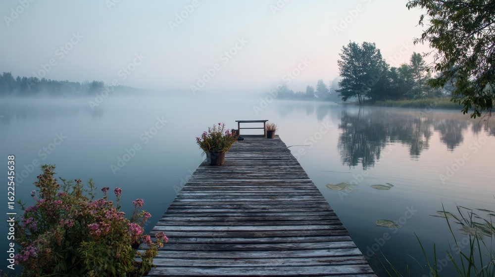 Fototapeta premium Peaceful Floating Dock on a Still Lake with Morning Mist