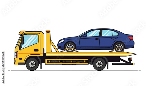 Yellow Tow Truck Transporting Blue Sedan with Secured Wheels Side View