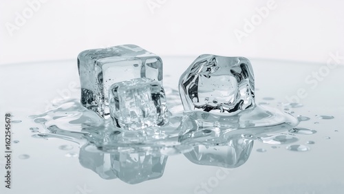 A trio of melting ice cubes on a glass surface with a white background