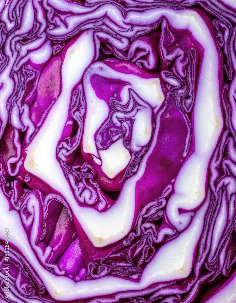Obraz premium A vibrant close-up of a purple cabbage, showcasing its intricate layers and rich hues, with dew drops glistening on the crisp leaves, set against a soft background.