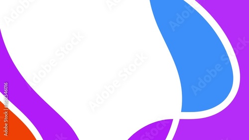 Abstract design with vibrant, curved shapes in various shades of purple, blue, and red, set against a white background