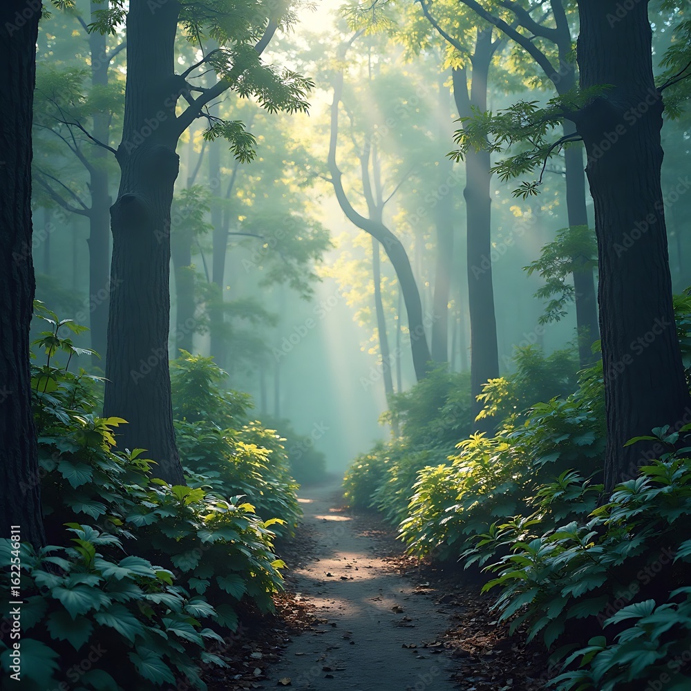 Obraz premium Walking Path Through Misty Forest with Sunlight Streaming Through Trees