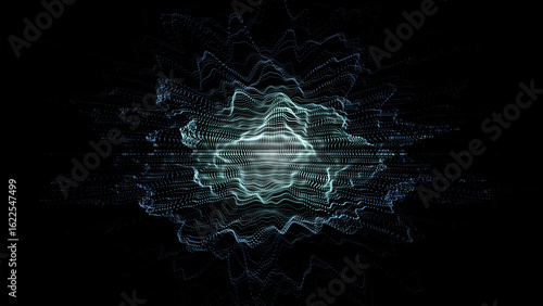 Glowing blue wave with motion dots and top view. Abstract digital background. Particle explosion. Concept connection big data. Futuristic technology backdrop. Vector illustration.