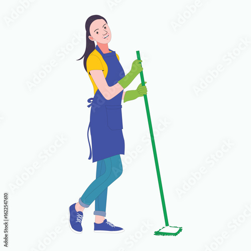 Female janitor in gloves and apron standing with mop and smiling, representing professional home cleaning service, hygiene maintenance, and domestic cleanliness work
