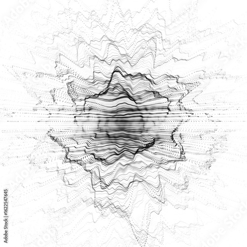 Glowing white wave with motion dots and top view. Abstract digital background. Particle explosion. Concept connection big data. Futuristic technology backdrop. Vector illustration.