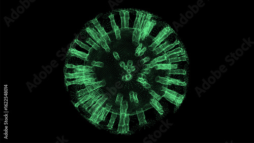 Virus influenza outbreak. Medical research of green molecules in science. Influenza strain epidemic as a pandemic. Outbreak of pneumonia, coronavirus, HIV, plague, infection. Vector illustration.