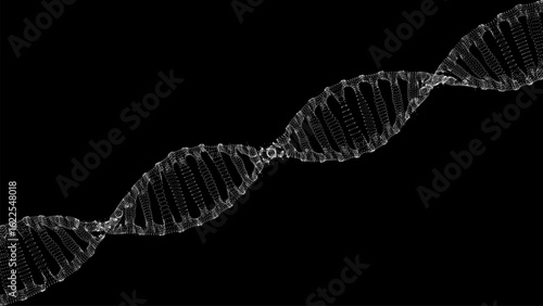 Abstract moving DNA wave with black dots and lines. Concept network connection system data. Music sound background. Genetic biotechnology and artificial intelligence. Vector.