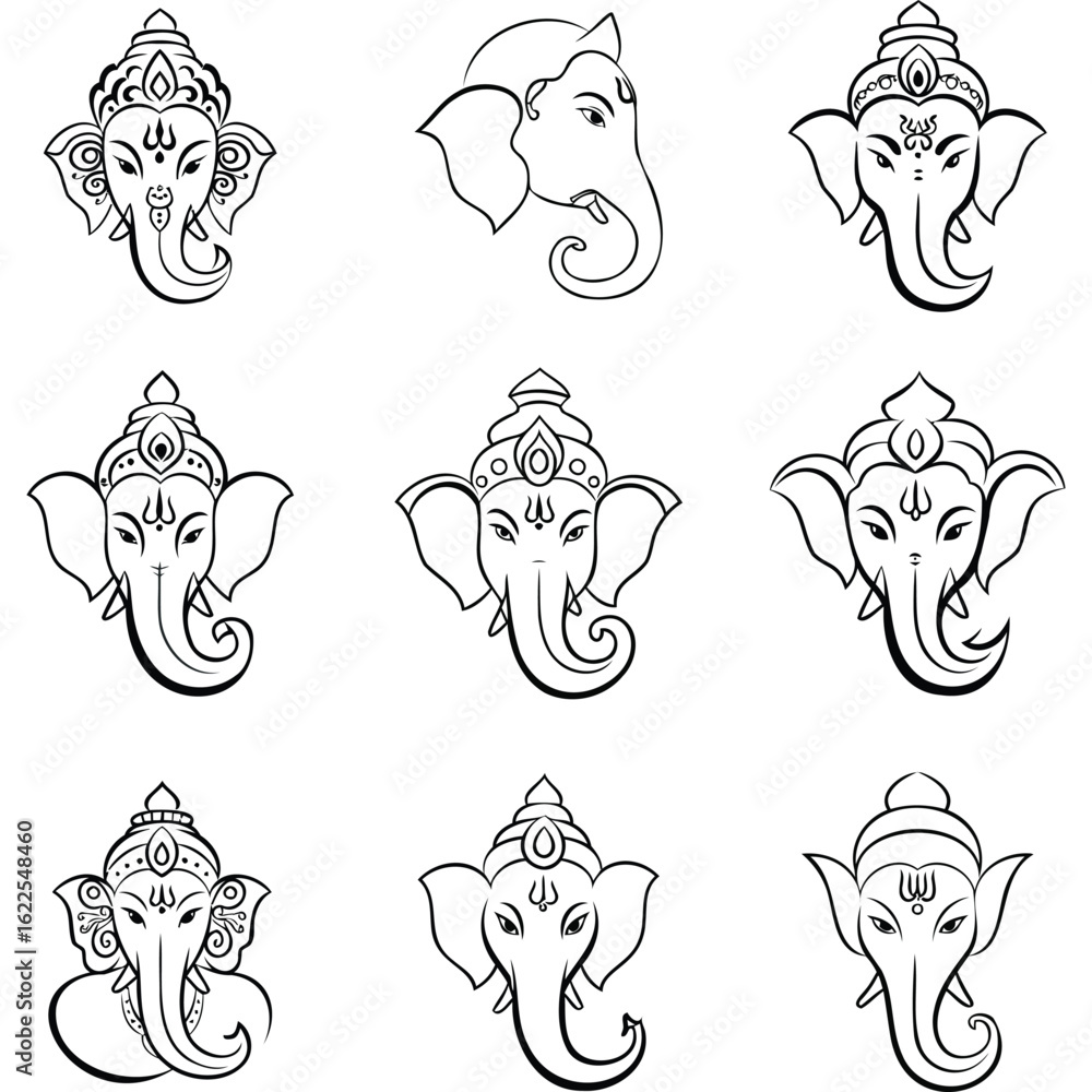 Obraz premium Collection of ganesha illustrations showing different styles and artistic interpretations of the deity's face silhouette