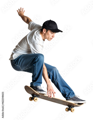 Pro young skateboarder in midair jumping pose on isolated background