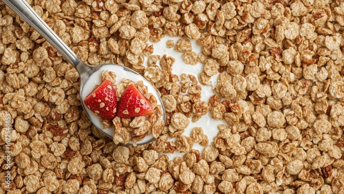 Sweet granola bar combined with strawberries on a spoon, set on a simple background. Ideal for a healthy diet and breakfast. Vegetarian-friendly food concept. Top view with copy space.
