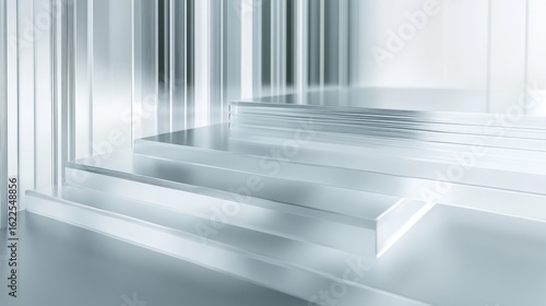 Stacked transparent sheets with subtle texture, premium glass panel effect, geometric frame design, soft light diffusion, minimalist overlay pattern, professional 3d render, elegant translucent