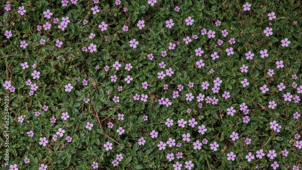 Naklejka premium A mix of pink thyme flowers and sedum plants thriving in a seaside meadow. Small purple blooms carpet the ground during warmer seasons.