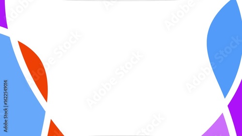 Abstract design with vibrant, intersecting shapes of various colors and curves on a white background