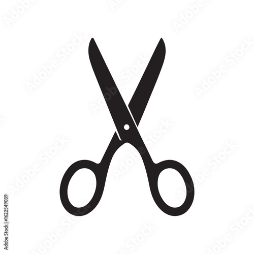 A sharp pair of open stainless steel scissors with black handles is isolated on a white background