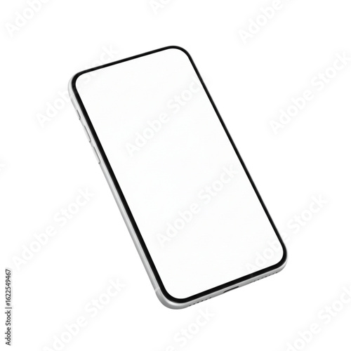 A tilted smartphone with a blank white screen is displayed against a white background image view