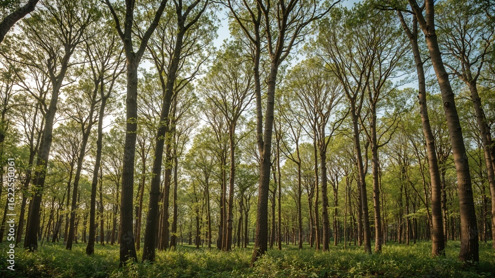 Fototapeta premium Springtime forest panorama forming a heart in the middle