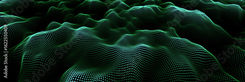 Vector glowing green wave with motion dots. Abstract digital background. Concept connection big data. Futuristic technology backdrop.