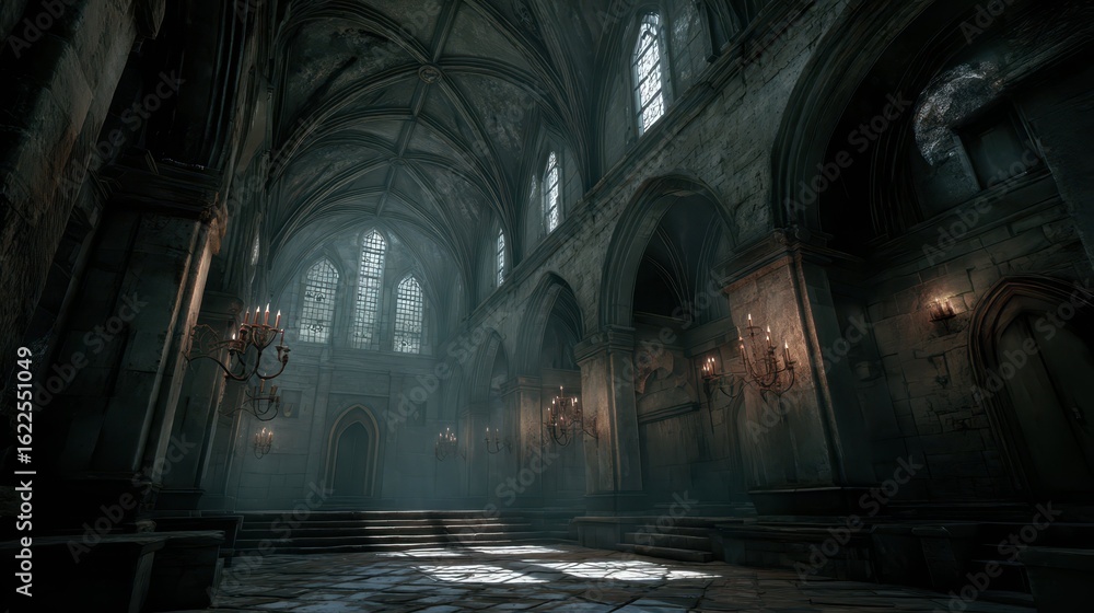 Fototapeta premium Dark Gothic Dungeon Interior with High Vaulted Ceilings and Light