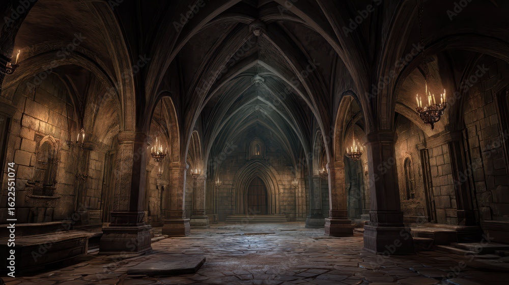 Fototapeta premium Gothic Dungeon with High Vaulted Ceilings in Dark Atmosphere