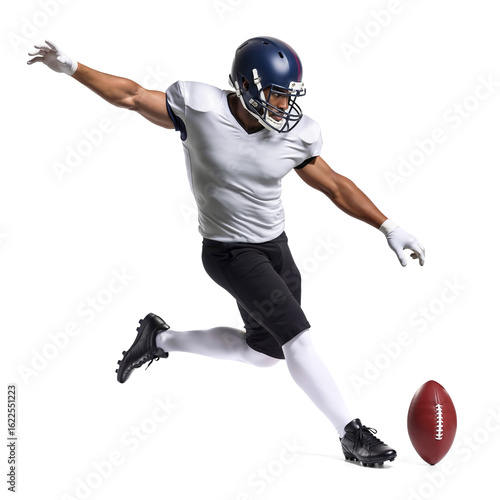 Focused American football athlete in white performing field goal kick