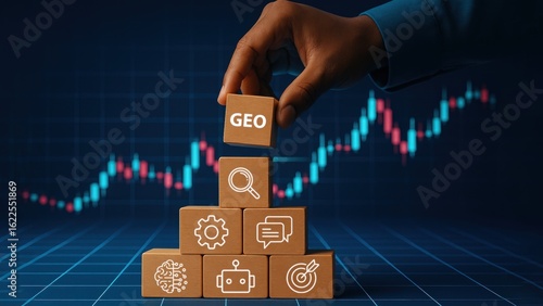 Hand places wooden GEO cube on icon, showing data driven digital marketing, AI Strategy, Search Intelligence
