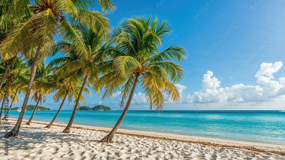 Obraz premium Sun-drenched coast with swaying palms and vibrant turquoise ocean waves