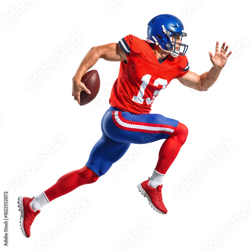 American football player in red and blue mid-stride during run holding a ball