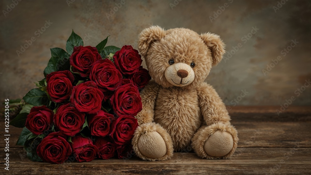 Obraz premium Plush teddy clutching romantic red roses