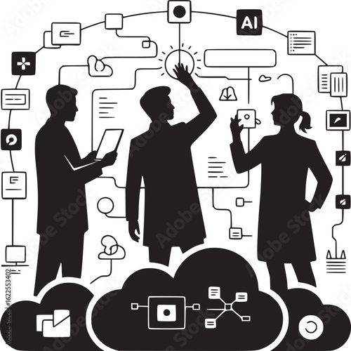 Three silhouettes interact with ai cloud network interface in a minimalist black and white design