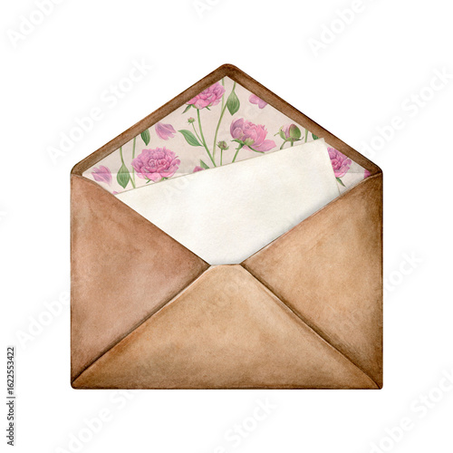 Hand painted watercolor kraft envelope with letter. Good for postcards, invitations, greeting cards, wallpaper, textiles.