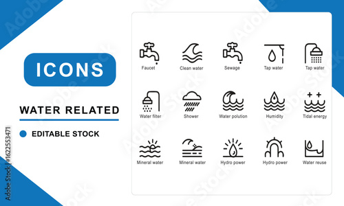 A professional set of minimal line-style icons related to water and the environment. Includes clean vector illustrations of water supply, pollution, conservation, sewage