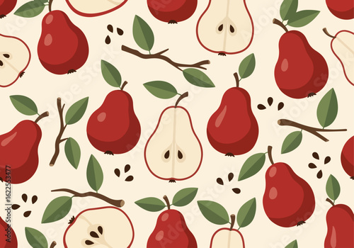 Red Pear Fruit Seamless Pattern Vector Background