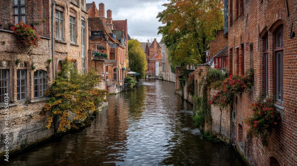 Fototapeta premium Historic European Canal with Old Brick Buildings and Lush Greenery