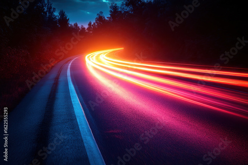 Light streaks on a road captured in long exposure.
