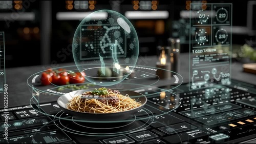 A Futuristic Kitchen Countertop Displaying a Smart Meal with Holographic Data