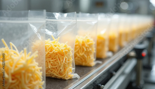 Automated production line with transparent plastic bags filled with shredded cheese. Sealed packages reflect efficiency, hygiene, and modern food processing standards