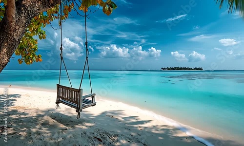 Wooden Swing Hanging From A Tree Overlooking A Beautiful Turquoise Ocean In A Tropical Paradise