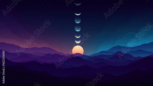 Abstract Moon Phases Over Colorful Mountains