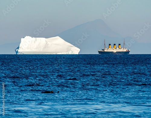 The titanic facing an iceberg on the horizon, resembling its fateful encounter in the ocean