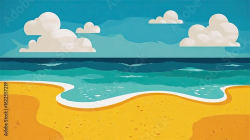 Colorful beach scene with ocean and clouds.