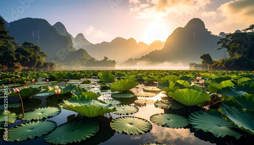 A breathtaking misty lake filled with water lilies and lotus flowers at sunrise, surrounded by majestic mountains, a serene and peaceful natural landscape