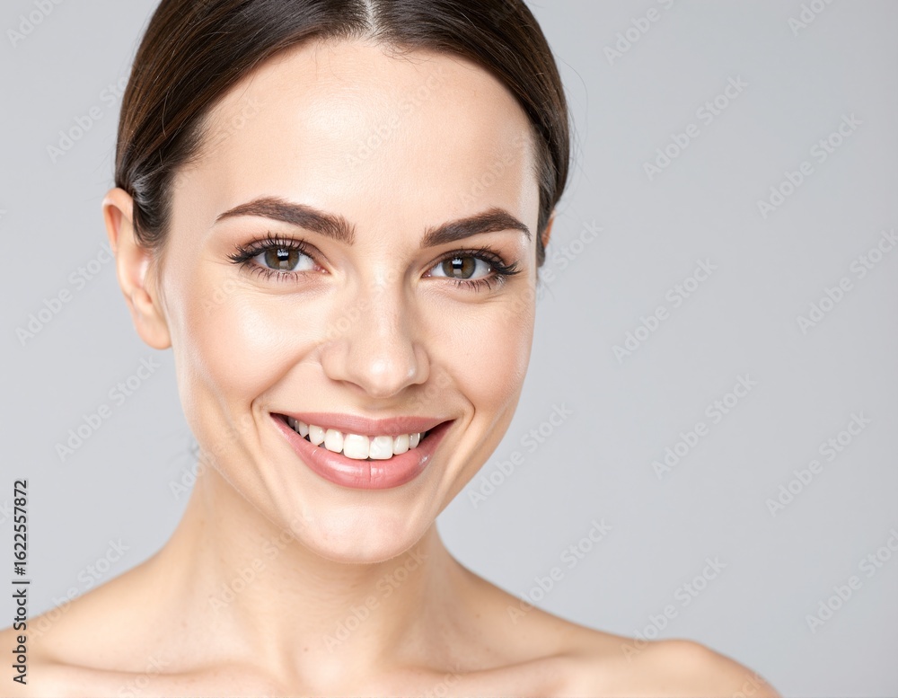 Obraz premium A woman with long, flowing brown hair stands confidently, her hair catching the light as she smiles warmly, wearing a casual, stylish outfit.