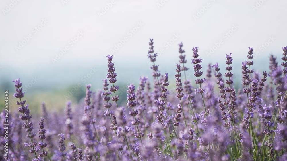 Fototapeta premium Purple-hued lavender plants growing in an open field scene